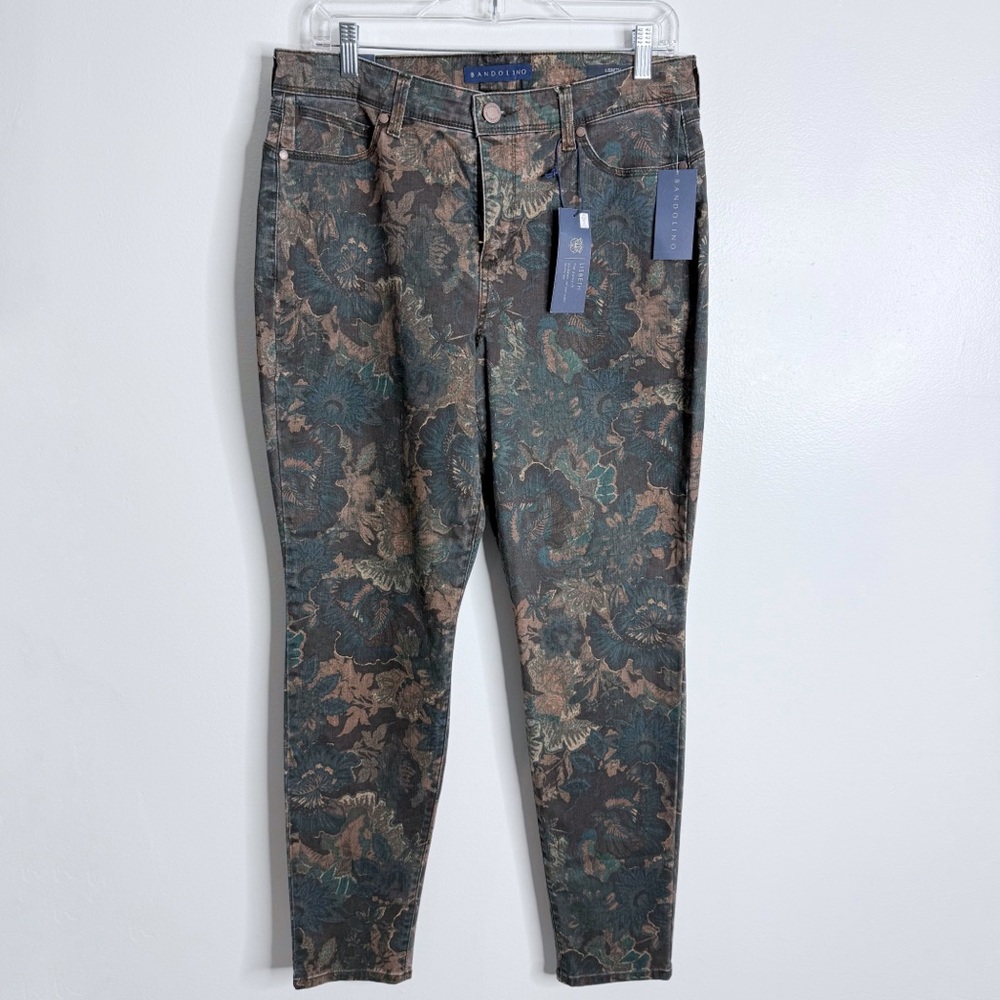 Bandolino Women's Skinny Jeans in Green and Brown Floral Jacquard